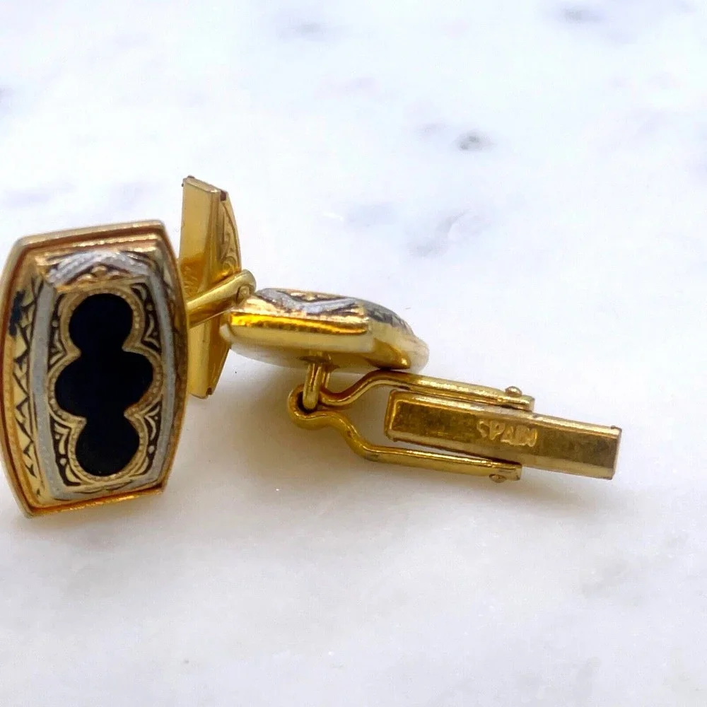 Vintage Damascene Etched Black Gold Tone Stamped Spain Whale Back Cufflinks